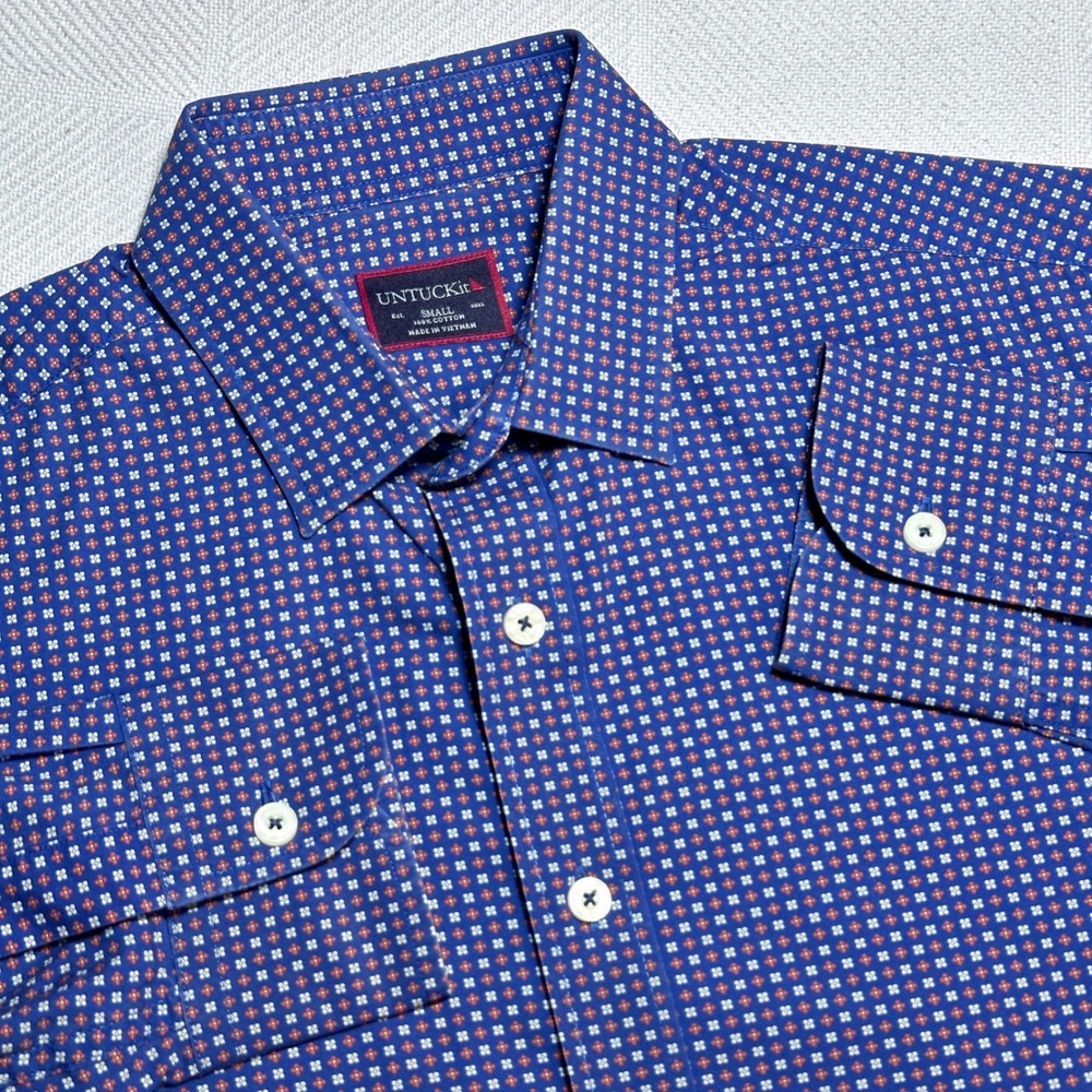 UNTUCKit Button Up Shirt Mens Small Ruyilly Micro Geometric Floral Print Blue